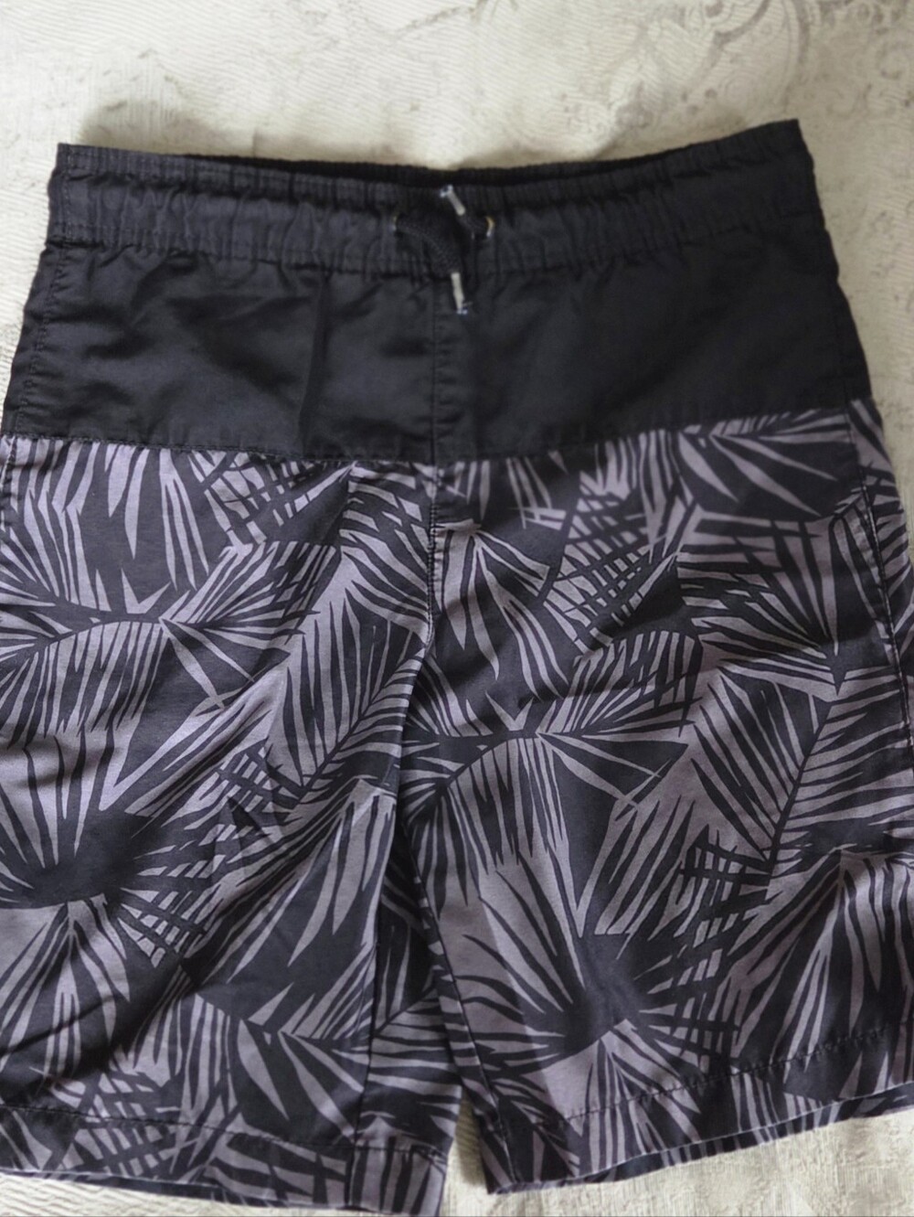 Black & Gray Palm-Print Boys Swim/Board Shorts